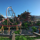The game only really ships with sci-fi, pirate and fairytale pre-builds. This Japanese roller coaster and surrounds were made by a fan.